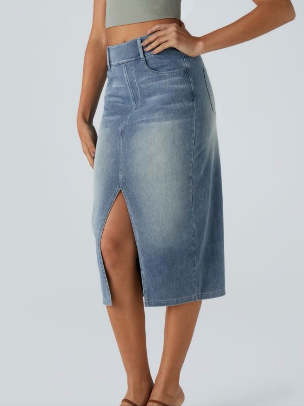 Halara Flex™ High Waisted Pockets Bodycon Washed Denim Casual Midi Skirt